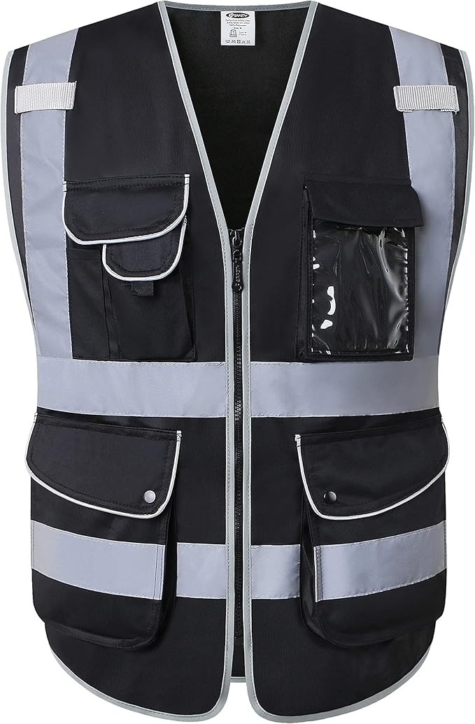 JKSafety 9 Pockets High Visibility Black Safety Vest for Men and Women, Hi-Vis Reflective Safety Vests with Zipper Front, Meet ANSI/ISEA Class 1 Standards (150-Black, Medium)