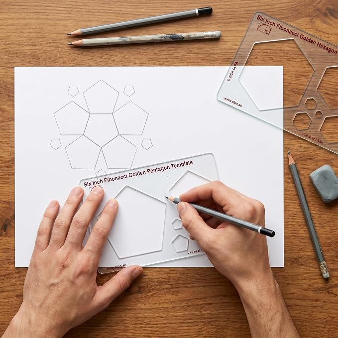 Fibonacci 6" Pentagon Drawing Template, Golden Ratio Stencil | Australian Designed and Made; Geometric Stencil for Art; Drafting and Quilting; PETG