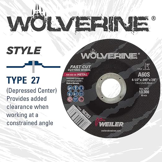 Weiler 56385 4-1/2 Inch Cutting Wheel, Wolverine AO Steel/Metal Fast Cutting, 3/32" A24T Type 27 5/8"-11 Hub, Pack of 10