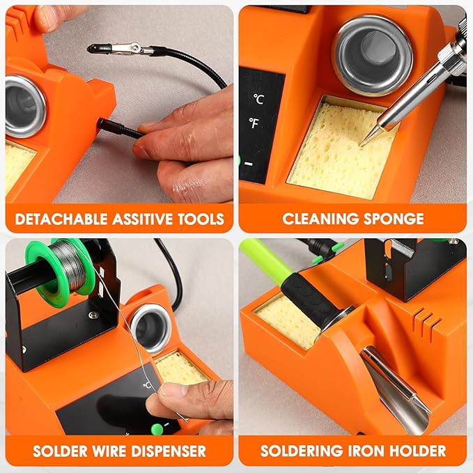 Soldering Station, 100W Digital Display Soldering Iron Station Kit with 2 Helping Hands, 356°F - 896°F, Auto Sleep, °C/°F Conversion, Solder Wire, Tips, Stand, Pump, Tweezers, Tip Cleaner, Orange