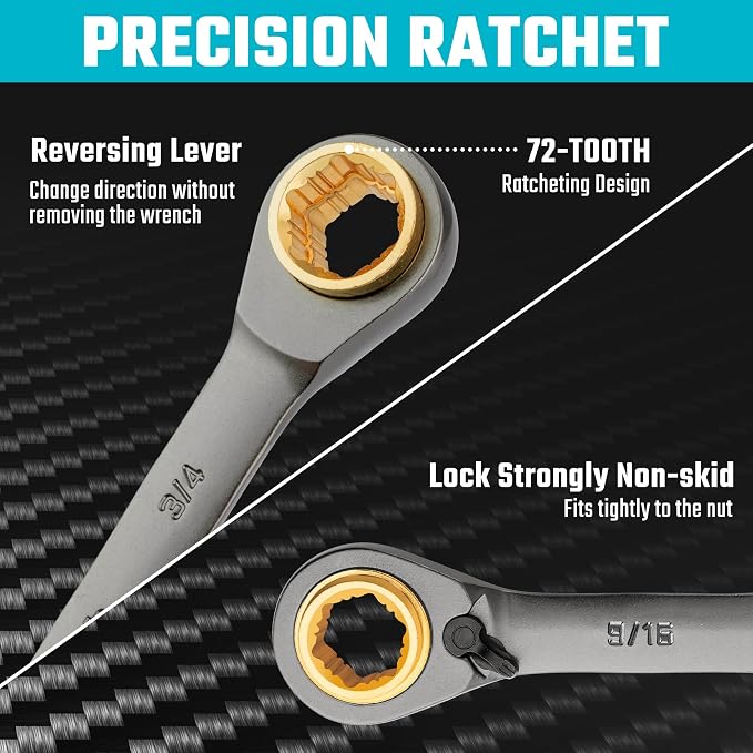DURATECH 4-in-1 Anti-Slip Reversible Ratcheting Box Wrench Set, SAE | Double Box End, 2-Piece, 5/16", 3/8", 7/16", 1/2" & 9/16", 5/8", 11/16", 3/4", CR-V Steel, Nickel Plated, Rolling Pouch