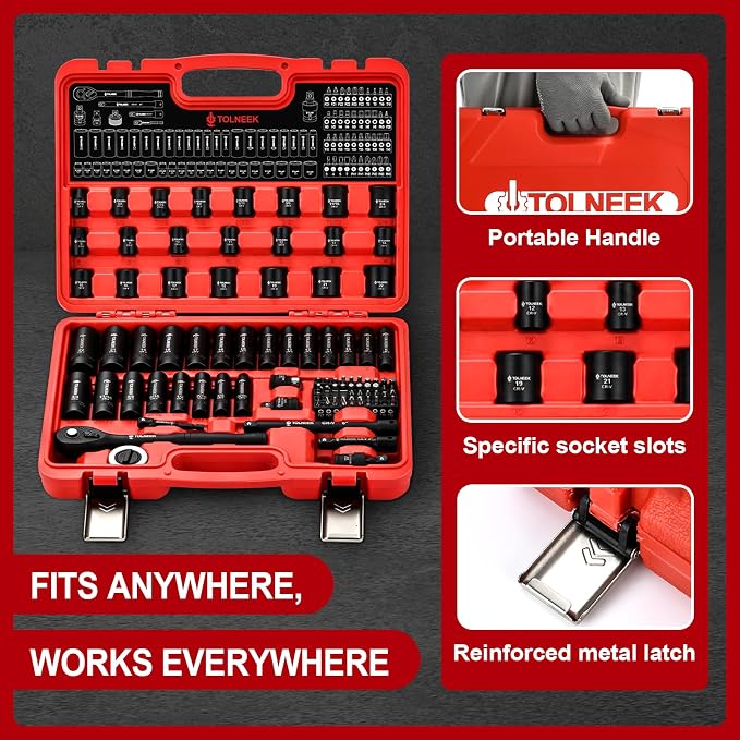 3/8 impact socket set, 92PCS 6-Point (5/16" to 3/4“,8mm to 22mm), Cr-Mo, with Adapters, Wrench, Quick Release Ratchet, Palm Ratchet Kit,Extension Bar & Storage Case