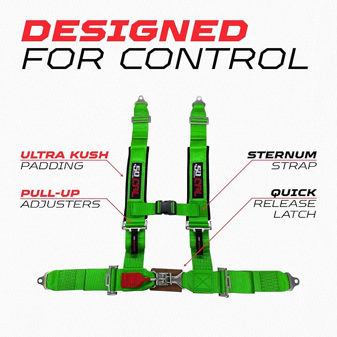 1pc 50 Cal Green 4 Point Harness 3 inch straps, Racing Harness Seat Belt | Ultra Kush padding, Push Button quick release hardware. Universal Fit for UTV, RZR, race car