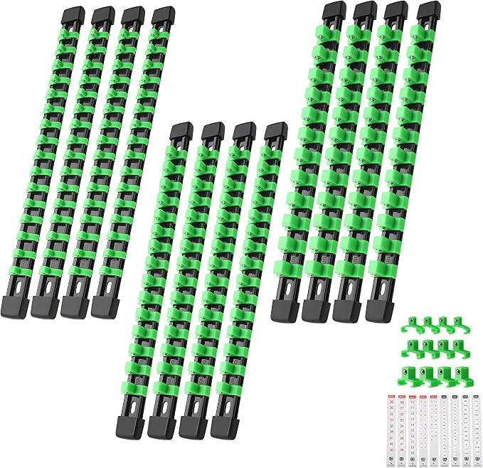 Reniteco 12-Pack Socket Organizer Set, 1/4" x 64 3/8" x 60 1/2" x 48 Clips | 172 Clip Capacity, Havy-Duty ABS Socket Rails, Removable Clips, Drive Socket Storage, Toolbox Drawer or Wall Mount