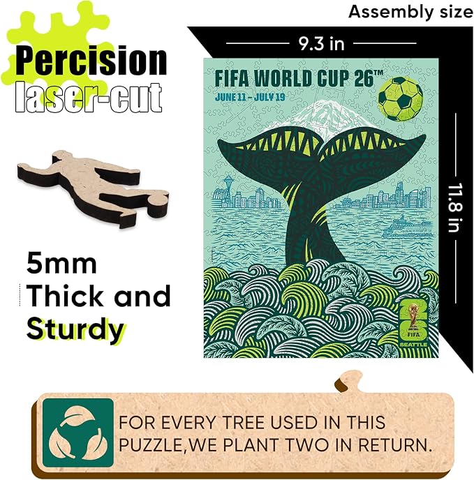 FIFA World Cup 2026 Seattle City Poster Wooden Puzzle for Adults, 200 Piece Unique Shape Jigsaw Puzzle, 5MM Thick, Officially Licensed Soccer Fan Collectible Gift, 9.3x11.8''