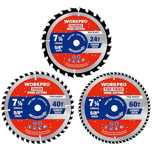 WORKPRO 7-1/4 Inch Woodworking Circular Saw Blades, 24T/40T/60T Framing, General & Finish Combo, Thin Kerf, Carbide Tipped, ATB Tooth, 3-Pack