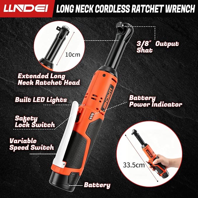 LLNDEI 3/8" Extended Reach Cordless Ratchet Set 102Pcs | 12V Long Neck Electric Ratchet Wrench, 50N.m Torque, Variable Speed, LED Light, for Auto Engine Bay & Tight Space Repair