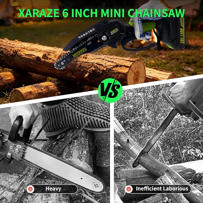 6 Inch Mini Chainsaw Cordless, 6 Inch Handheld Electric Chainsaws with 2*Batterie 3*Chains 2*Guide Bar, Small Chain Saw Battery Powered for Garden and Tree Trimmer, Ideal Gift for Elder, Women, Man