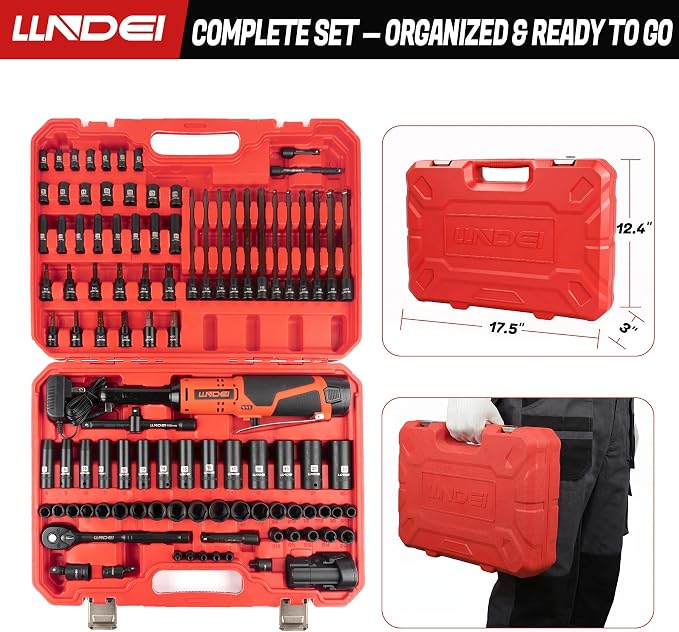 LLNDEI 3/8" Extended Reach Cordless Ratchet Set 102Pcs | 12V Long Neck Electric Ratchet Wrench, 50N.m Torque, Variable Speed, LED Light, for Auto Engine Bay & Tight Space Repair