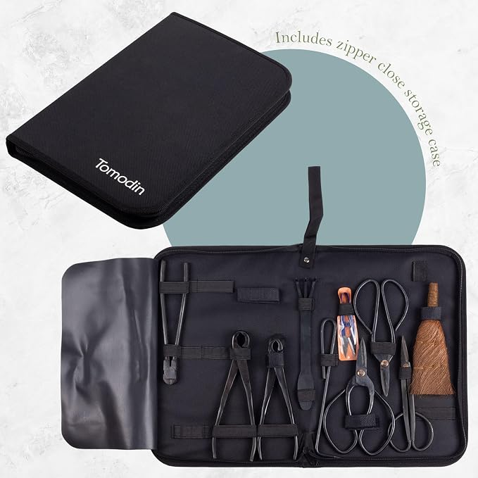 BambooMN Bonsai 10pc Advanced Care Set, Black Carbon Steel Tools, Shears, Concave & Knob Cutter, Wire Cutter, Trimming Scissor, Beginner Friendly