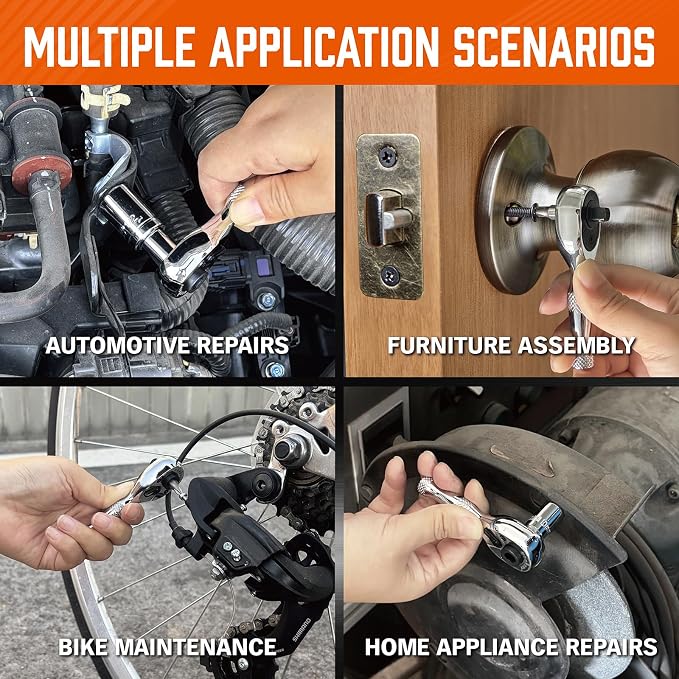 HORUSDY 1/4-Inch Stubby Ratchet Wrench Set, Chrome Alloy 90-Tooth Reversible 1/4" Drive Handle with Magnetic Bit Driver & 1/4" to 3/8" Adapter, Compact Socket Wrench for Tight Spaces, Auto, DIY