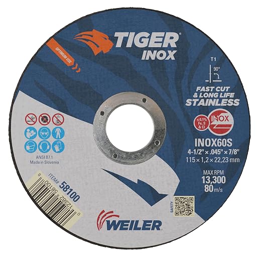 Weiler 58100 4-1/2 Inch Cutting Wheel, Tiger Inox Stainless Steel Contaminant-free High Performance Cutting, .045" INOX60S Type 1 7/8" Arbor, Pack of 25