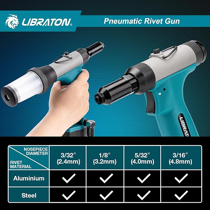 LIBRATON Pneumatic Rivet Gun Kit, Heavy Duty Air Riveter Tool 3/32", 1/8", 5/32", 3/16" with 200 Rivets, Air Hydraulic Pop Rivet Gun for Automotive Repair, Self-Suction Design