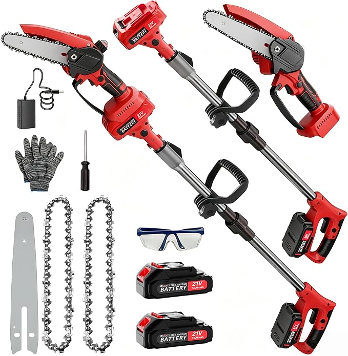 2-in-1 Cordless Pole Saw & Mini Chainsaw, 6-Inch | Battery Powered Tree Trimmer, 4.4ft Extension Pole, 2 Batteries, Safe High Branch Pruning, For Homeowners