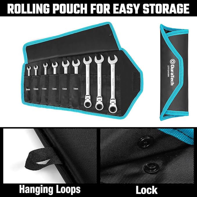 DURATECH 9-Piece Flex-Head Ratcheting Wrench Set, Metric | Combination Wrench, 72 Tooth, 8mm, 10mm, 11mm, 12mm, 13mm, 14mm, 15mm, 16mm, 17mm, CR-V Steel, with Rolling Pouch
