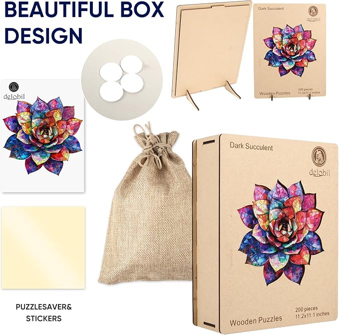 Delobil Wooden Puzzles for Adults, Stained Glass Succulent 200 Pieces Jigsaw Puzzles, Unique Shaped Plant Puzzle Gift for Kids, Family Valentine's DayPuzzle Game, 11.2 x 11.1 Inches