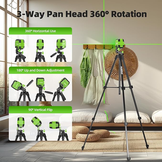 Laser Level with 60in Tripod, HUEPAR 98Ft Self Leveling Laser Level Green Line Laser Cross Line Laser Leveler Tool for Picture Hanging, Home Renovation, Indoor Project, Battery&Carrying Bag Included