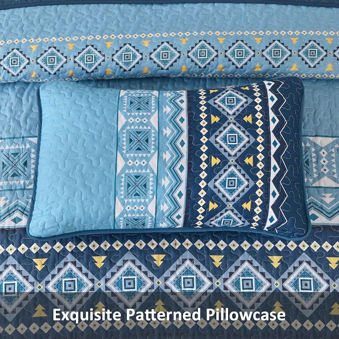 WONGS BEDDING Blue Quilt Set King,Boho 3 Pieces Bedspread Coverlet Set with Geometry Printed for All Season,Lightweight Morden Bohemian Bedding Set 104"×90"