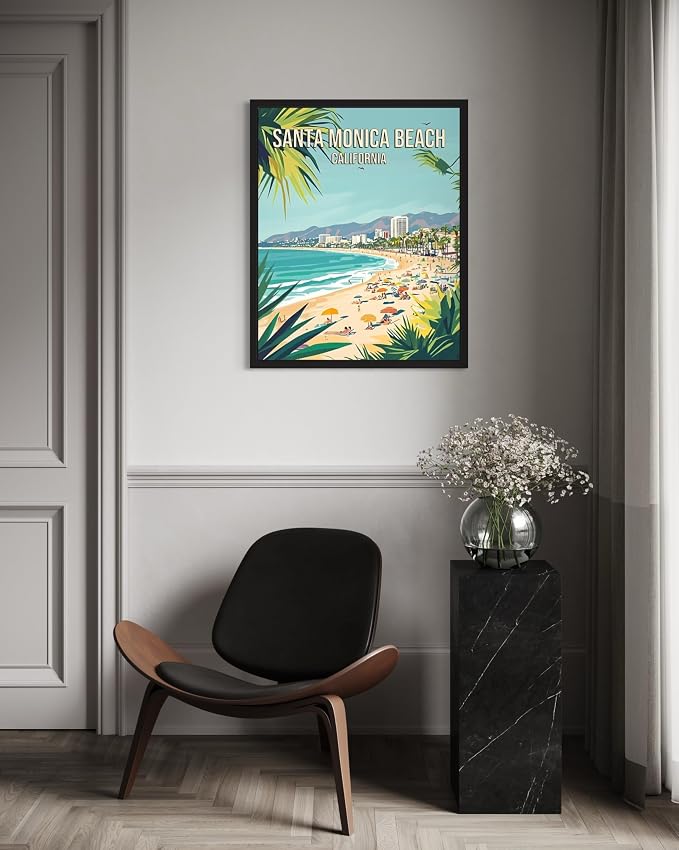 Santa Monica Beach California Wall Art Print Poster, US Vintage Retro Beach Scenery Posters Prints for Restroom Home Picture Painting Artwork Gallery 219 (Santa Monica Beach California, 16 x 20 inches, Black Frame)
