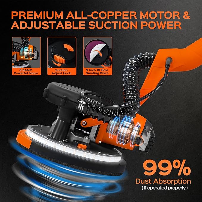 Drywall Sander Tool, KUPERIA 8.5 Amp Popcorn Ceiling Removal Tool with 7 Variable Speed 800-1800RPM,Electric Drywall Sander with Extendable Handle,LED Light,6 Basic Sand Paper& 6 Grid Sandpaper,Orange