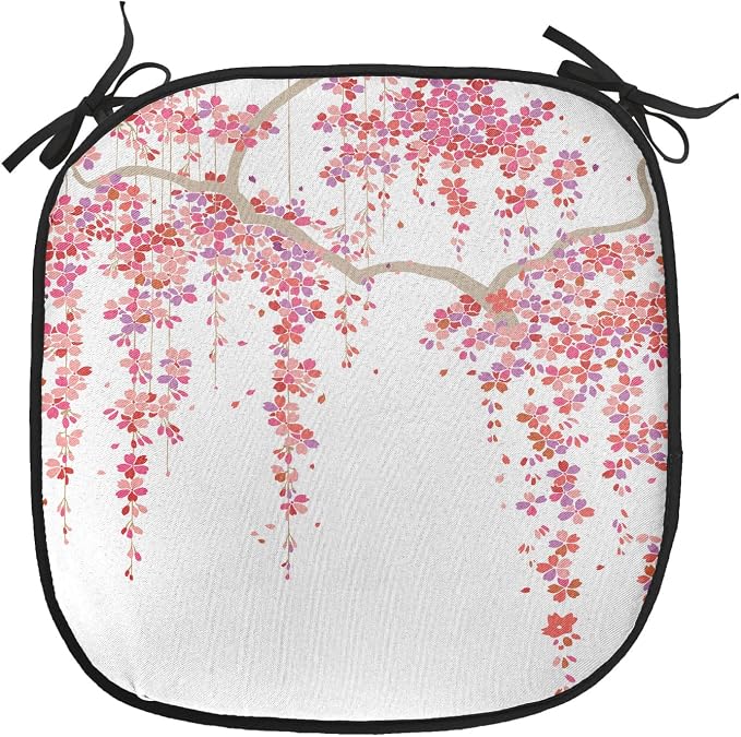 Lunarable Flower Chair Cushion Pads Set of 2, Cherry Blossom Trees Branch Springtime Happy Vacation Traveling Destinations, Anti-Slip Seat Padding for Kitchen & Patio, 16"x16", Pink Cocoa Purple