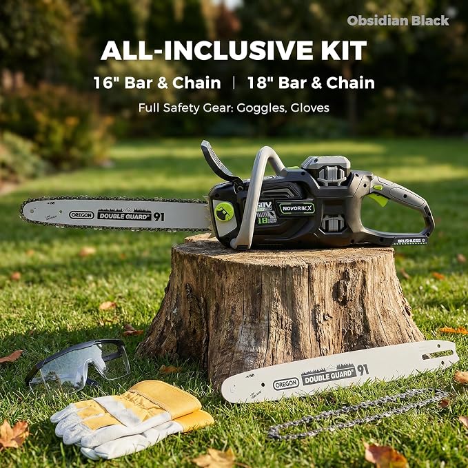 NovorikX 60V Brushless Cordless Chainsaw, 18"&16" Electric Chain Saw with 5.0Ah Battery & Charger, Automatic Oiler, Tool-Free Tension for Tree Trimming & Wood Cutting (60V Chainsaw Black)