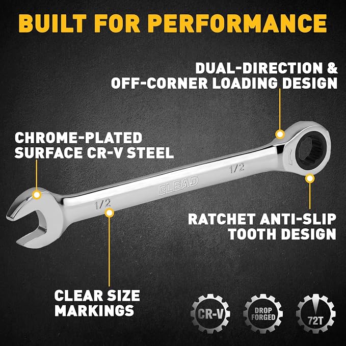 ELEAD 24-Piece Ratcheting Wrench Set, Metric 6-18mm & SAE 1/4"-3/4", 12-Point 72-Tooth CR-V Steel Combination Wrenches with Tool Roll Bag and Magnetic Wrench Organizer for Automotive Repair