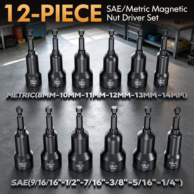 Magnetic Impact Nut Driver Set - Metric & SAE with Socket Adapters (12-Piece)