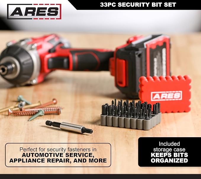 ARES 31009-33-Piece S2 Steel Security Bit Set with Magnetic Extension Bit Holder - Tamper Resistant SAE Hex, Metric Hex, Torq, Spanner, Triwing, and Torx Bits – S2 Steel Offers Maximum Durability