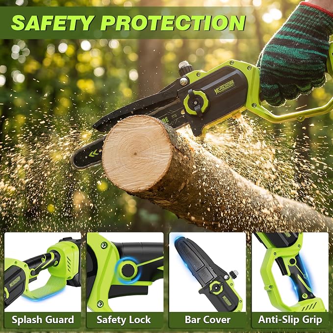 Mini Chainsaw 8 Inch & 6 Inch Bar, Electric Small Chainsaw Battery Powered | 2-Battery & 3-Chain, One Hand Operation, Brushless, Auto Oiler, Lightweight Handheld Chainsaw for Women and Beginners, Green
