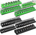 Magnetic Socket Organizer Holder Tool: 8PCS Set includes 2PCS 1/4", 4PCS 3/8", 2PCS 1/2" Drive Socket Storage Trays Toolboxs, Holding 199 Slots Soft Rubber Covering Black Green (sockets not included)