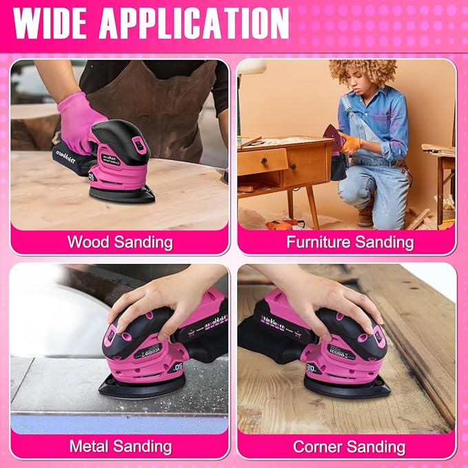 THINKLEARN Cordless Detail Sander - 20V Electric Hand Sander with 22Pcs Sandpapers, 12000 RPM Mouse Sanders with Dust Bag, Compact Palm Sanding Tool for Woodworking, 2.0Ah Battery and Charger Included