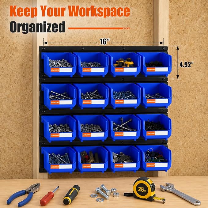 16pc Wall-Mounted Storage Organizer Set with Metal Rails Blue | Heavy duty tool organization box with metal rails. Ext 5"x4"x3" for garage screws nuts bolts.