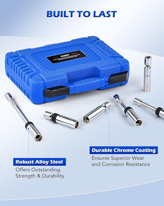 OMT 6pc 3/8" Drive Spark Plug Socket Set with Swivel and Thin Wall | 9/16" 5/8" 14mm 16mm Sizes, Cr-V Steel; 6 Point & 12 Point, 360-Degree Swivel, Secure Magnetic Core, Tight Spaces, DIY