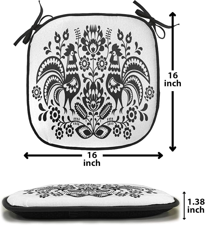 Lunarable Gallus Chair Cushion Pads Set 12, Polish Floral Design with Roosters Traditional Folk Pattern Easter Celebration, Anti-Slip Seat Padding for Kitchen & Patio, 16"x16", White and Black