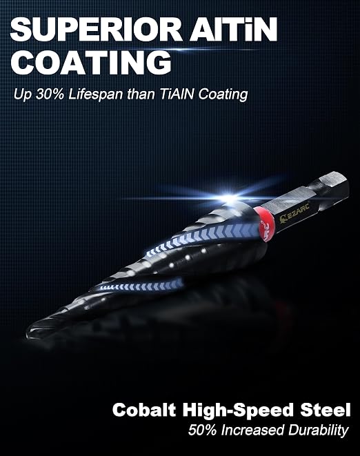 EZARC M35 Cobalt Step Drill Bit, Wear-Resistant AlTiN Coated Step Drill Spiral Flute Unibit Step Drill Bit (1/8"-1/2"), 1/4" Hex Shank for Metal, Stainless Steel, Aluminum, Plastic