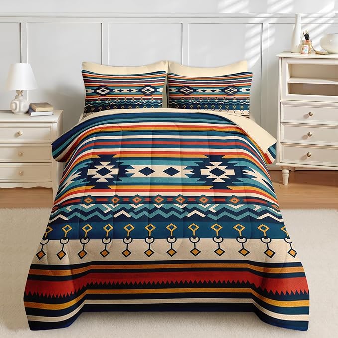 Nesker Comforter Set King Size, Southwest Aztec Geometric 7 Pcs Bedding for Kids and Adults, Bohemian Vintage Bed Sheet Sets with Fitted Sheet 2 Pillowcases & 2 Shams