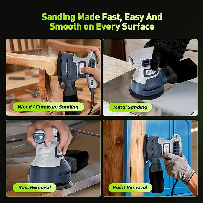 5-Inch Random Orbital Sander, 3Amp Electric Corded Palm Sander with 6 Speeds (6000-13000 OPM), Dustless Dust Bag & Vacuum Adapter, 15 Sandpapers for Woodworking, Furniture Refinishing, Paint Removal