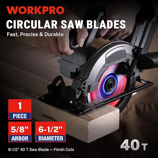 WORKPRO 6-1/2 Inch Woodworking Circular Saw Blade, 40T General Purpose Wood Cutting, Thin Kerf, Carbide Tipped, ATB Tooth, 1-Pack