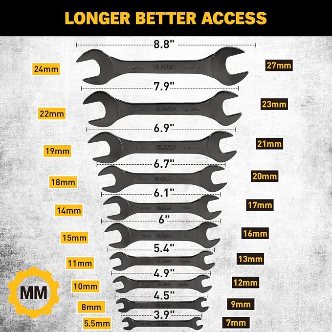 ELEAD 10-Piece Super-Thin Open End Wrench Set, Metric 5.5-27mm, CR-V Nickel Plated, 3 mm Thickness for Tight Spaces, 5.5, 7, 8, 9, 10, 11, 12, 13, 14, 15, 16, 17, 18, 19, 20, 21, 22, 23, 24, 27mm