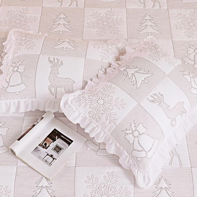 Cmfshape Christmas Embroidery Quilt Set,3 Pieces Queen Size Xmas Tree Reindeer Pattern Bedding Set,Reversible Christmas Bedspread Coverlet,Holiday Bedding(White,92"x96")