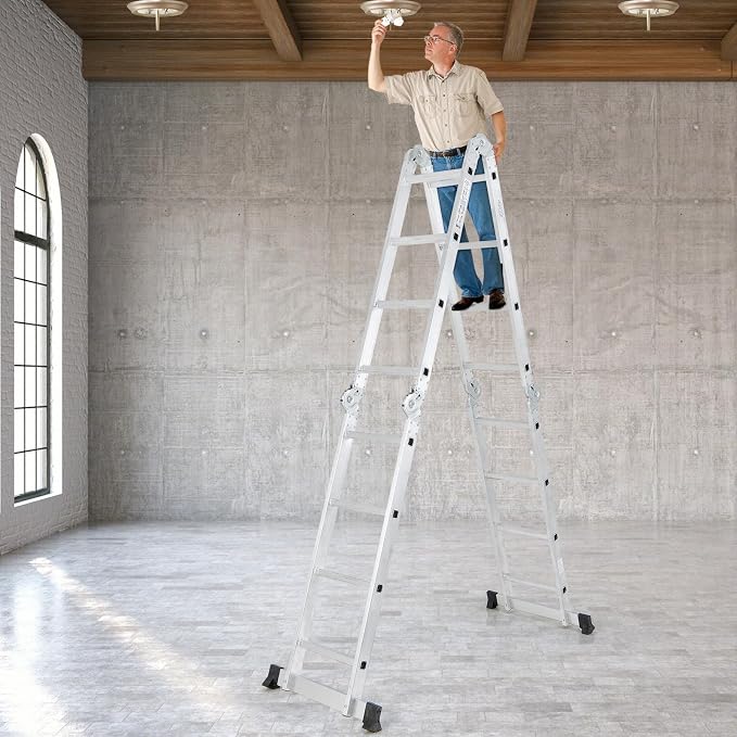 7-in-1 Folding Ladder, Multi-Purpose 15 FT Aluminum Alloy Ladder with Non-Slip Feet, Safety Locking & Heavy Duty Frame, Indoor & Outdoor Lightweight Extension Ladder, 330 LBS Capacity