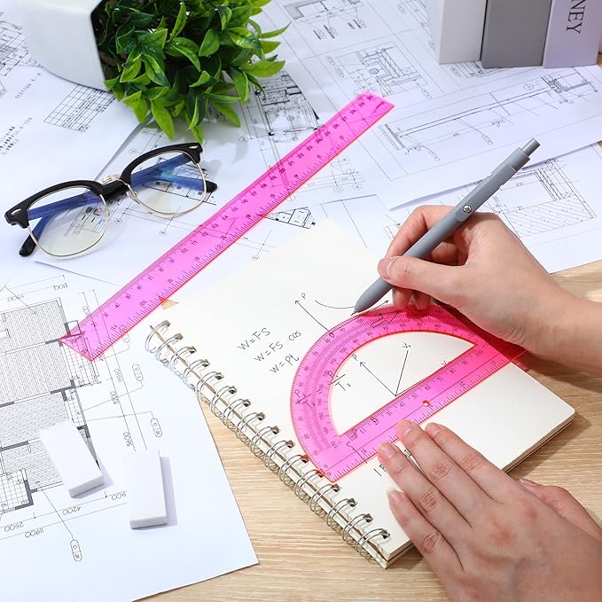 Zonon 2 Pack 12'' Plastic Ruler and 6'' Plastic Protractor Set Clear Ruler Protractor Set Math Geometry Supplies for School Classroom Home Office Drawing(Pink)