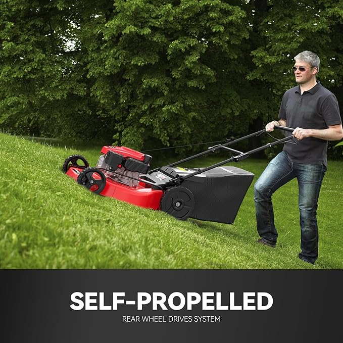 PowerSmart Self Propelled Gas Lawn Mower, 22 in. 170cc OHV Engine 2-in-1 Rear Wheel Drive, High Wheels, 6-Position Height Adjustment
