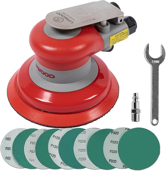 Pneumatic random orbital sander 5-inch light weight palm sander 3/16" (5 mm) diameter orbit 12000 RPM with extra 10pcs sandpaper