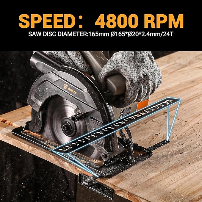 Circular Saw 1200W: DEKOPRO High-Power Saw with 165mm 24T Blade, 4800 RPM, Max Cut Depth 55mm (90°), 33mm (45°), Heavy-Duty Steel Base, Includes Guide Rai, Power Saw for Wood, PVC