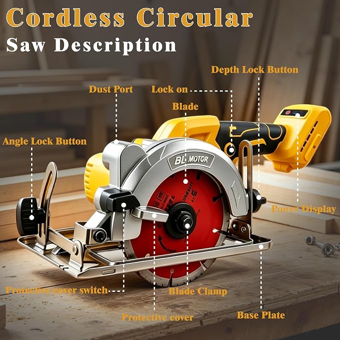 Cordless Circular Saw (Tool Only) Compatible with Dewalt 20V Battery, 5 Inch Brushless Power Saw with 0-45° Bevel, Max Cutting Depth 1.6" (90°)/1.28" (45°) for Wood, Plastic, Soft Metal