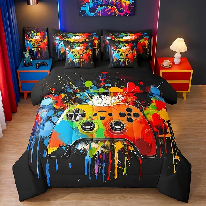 Erosebridal Gamer Queen Comforter Set with Sheets | Graffiti Tie Dye Game Consoles 7 Piece Bedding Set Gaming Bed in a Bag, Watercolor Abstract Art Room Decor