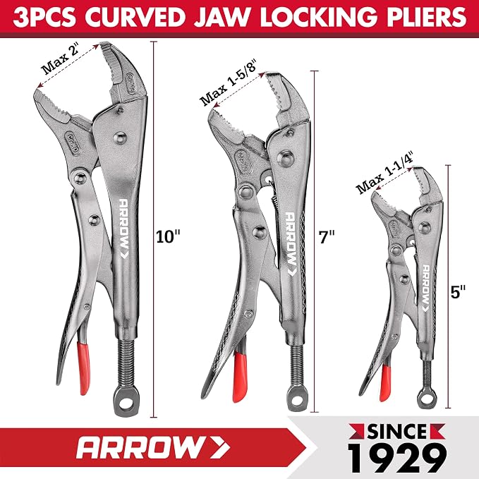 ARROW 5-piece Locking Pliers Set with Rolling Pouch, Chromium-Molybdenum Vice Grips, 5"/7"/10" Curved Jaw, 6.5"/9" Long Nose Vise Grip Pliers