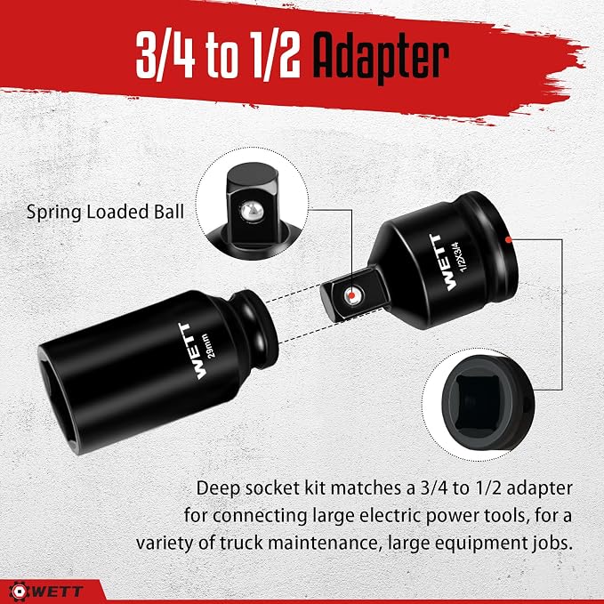 WETT 1/2" Drive Deep Large Impact Socket Set, 11-Piece Spindle Axle Nut Wheel Wrench Sockets Set, Jumbo Metric 6 Point Sockets with 3/4 to 1/2 Adapter, CR-V, (27mm-38mm)
